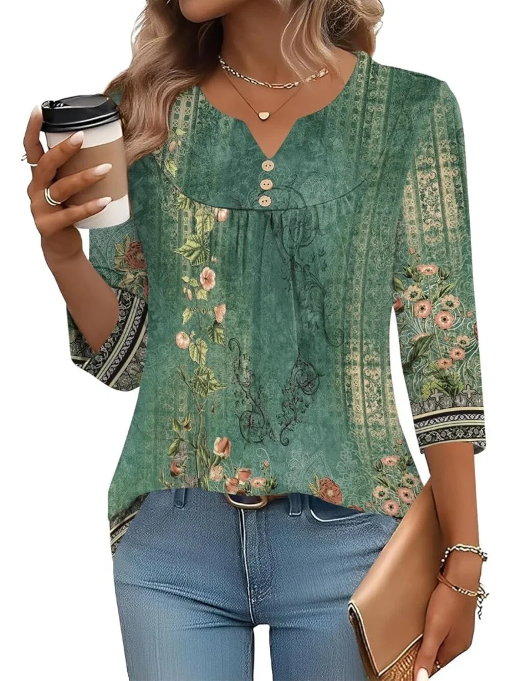 Women's Green Floral Long Sleeve V Neck Casual Henley Blouses Tops T Shirt